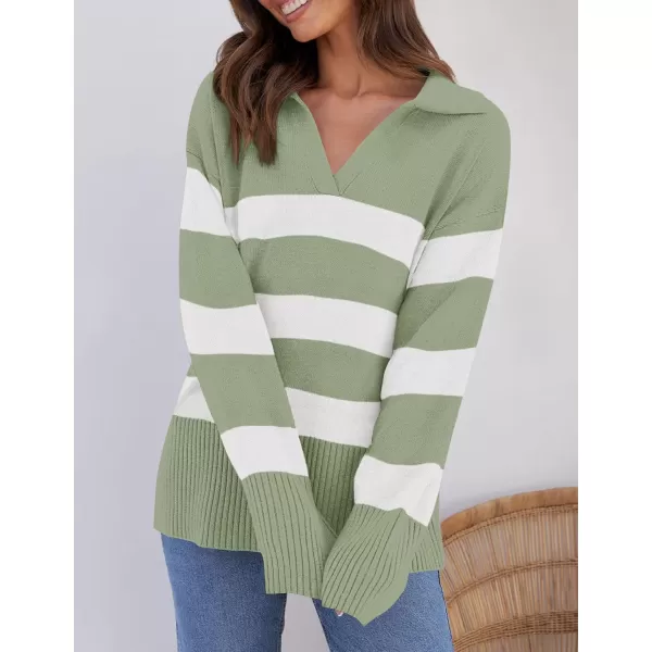 ZESICA Womens 2024 Winter Sweaters Lapel V Neck Long Sleeve Striped Chunky Knit Oversized Pullover Sweater Jumper TopsPeagreen