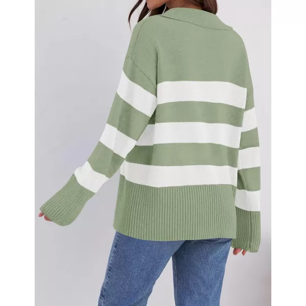 ZESICA Womens 2024 Winter Sweaters Lapel V Neck Long Sleeve Striped Chunky Knit Oversized Pullover Sweater Jumper TopsPeagreen