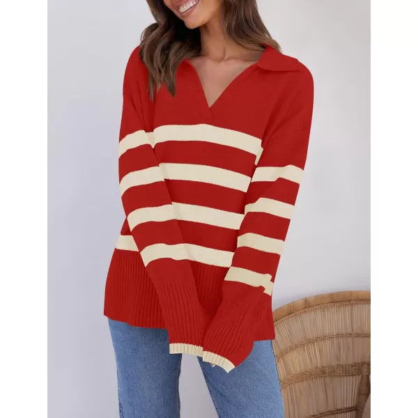 ZESICA Womens 2024 Winter Sweaters Lapel V Neck Long Sleeve Striped Chunky Knit Oversized Pullover Sweater Jumper TopsRed