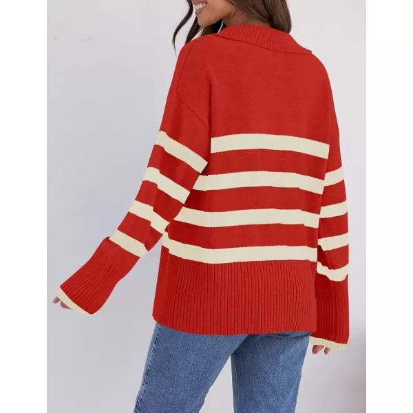 ZESICA Womens 2024 Winter Sweaters Lapel V Neck Long Sleeve Striped Chunky Knit Oversized Pullover Sweater Jumper TopsRed