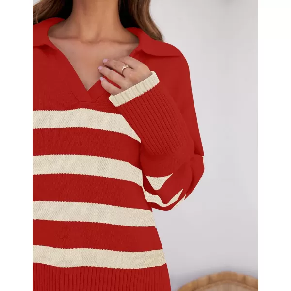 ZESICA Womens 2024 Winter Sweaters Lapel V Neck Long Sleeve Striped Chunky Knit Oversized Pullover Sweater Jumper TopsRed