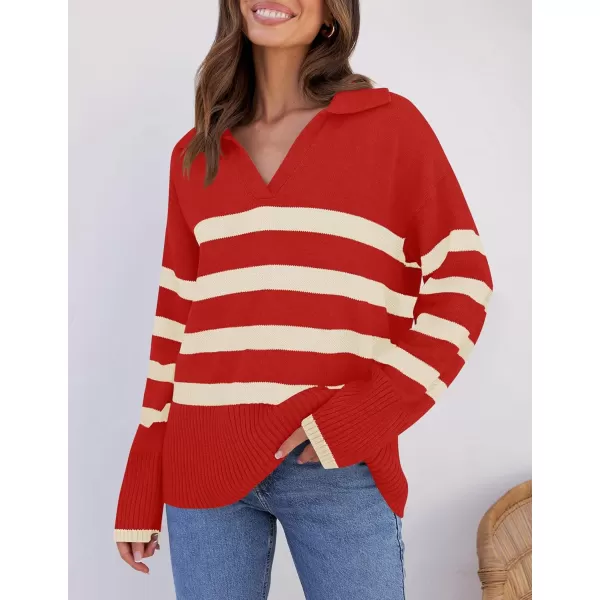 ZESICA Womens 2024 Winter Sweaters Lapel V Neck Long Sleeve Striped Chunky Knit Oversized Pullover Sweater Jumper TopsRed