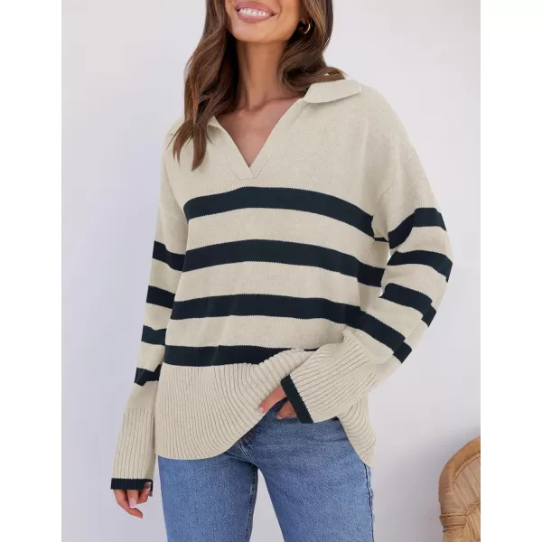 ZESICA Womens 2024 Winter Sweaters Lapel V Neck Long Sleeve Striped Chunky Knit Oversized Pullover Sweater Jumper TopsRoyalblue
