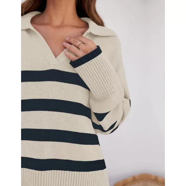 ZESICA Womens 2024 Winter Sweaters Lapel V Neck Long Sleeve Striped Chunky Knit Oversized Pullover Sweater Jumper TopsRoyalblue