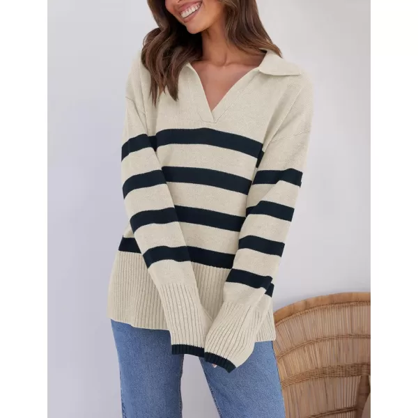 ZESICA Womens 2024 Winter Sweaters Lapel V Neck Long Sleeve Striped Chunky Knit Oversized Pullover Sweater Jumper TopsRoyalblue