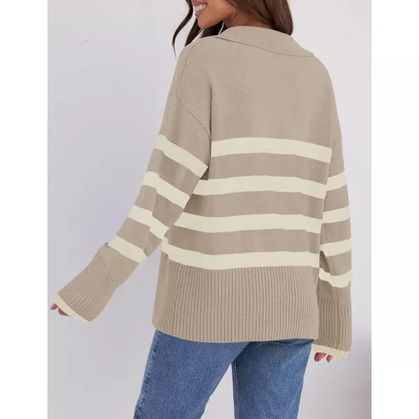 ZESICA Womens 2024 Winter Sweaters Lapel V Neck Long Sleeve Striped Chunky Knit Oversized Pullover Sweater Jumper TopsSand