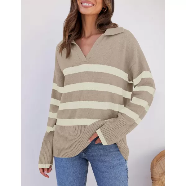 ZESICA Womens 2024 Winter Sweaters Lapel V Neck Long Sleeve Striped Chunky Knit Oversized Pullover Sweater Jumper TopsSand