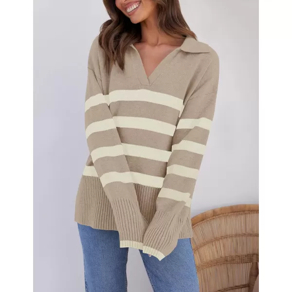 ZESICA Womens 2024 Winter Sweaters Lapel V Neck Long Sleeve Striped Chunky Knit Oversized Pullover Sweater Jumper TopsSand