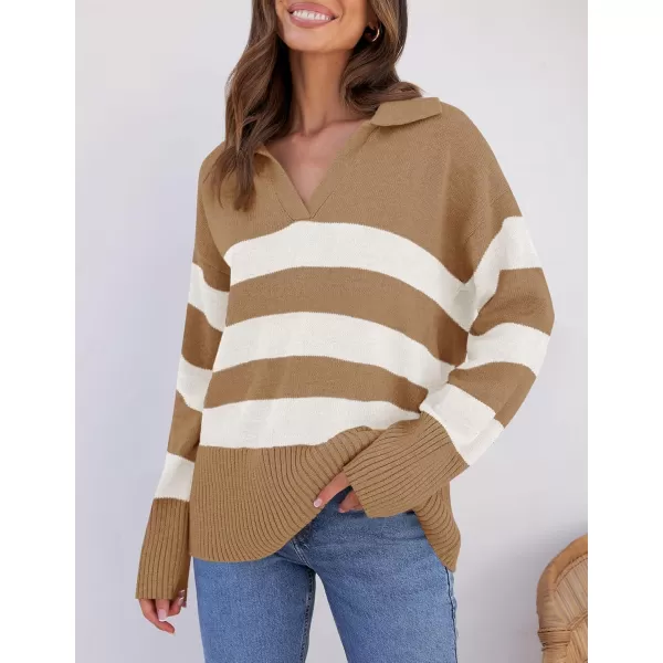 ZESICA Womens 2024 Winter Sweaters Lapel V Neck Long Sleeve Striped Chunky Knit Oversized Pullover Sweater Jumper TopsToffee