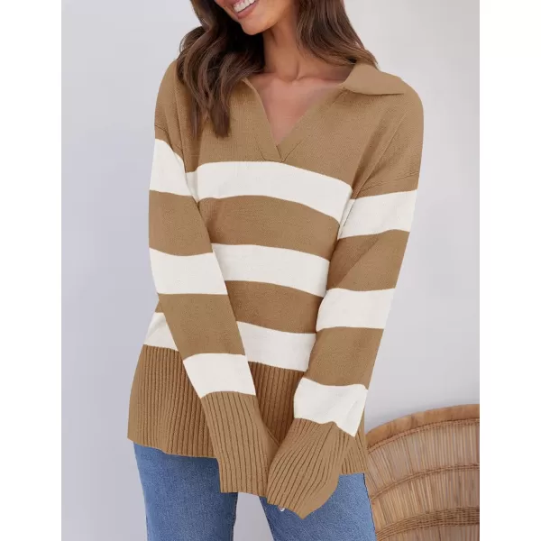ZESICA Womens 2024 Winter Sweaters Lapel V Neck Long Sleeve Striped Chunky Knit Oversized Pullover Sweater Jumper TopsToffee