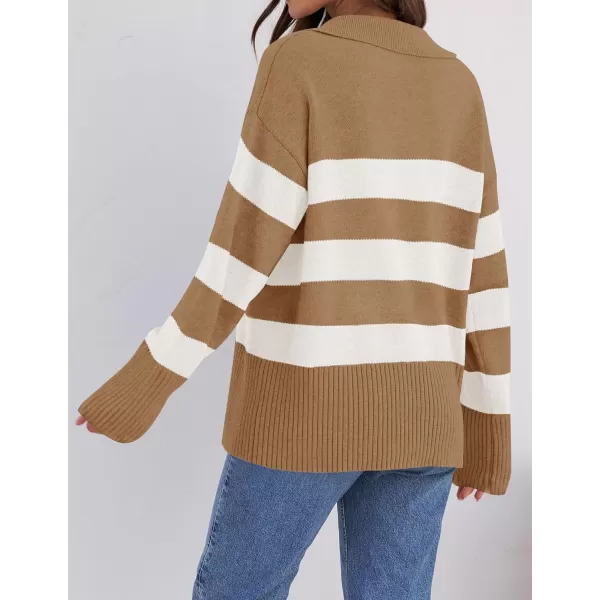 ZESICA Womens 2024 Winter Sweaters Lapel V Neck Long Sleeve Striped Chunky Knit Oversized Pullover Sweater Jumper TopsToffee