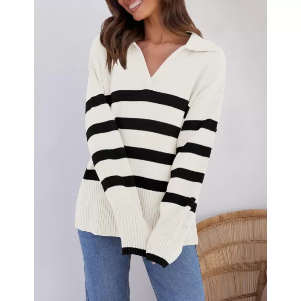 ZESICA Womens 2024 Winter Sweaters Lapel V Neck Long Sleeve Striped Chunky Knit Oversized Pullover Sweater Jumper TopsWhite