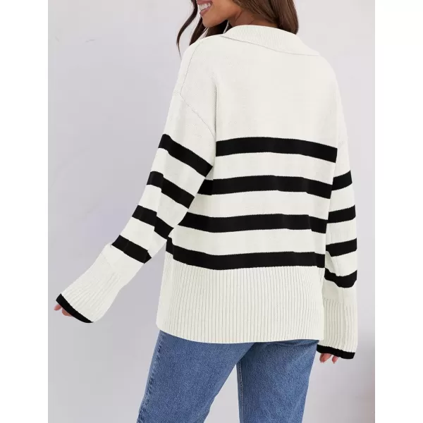 ZESICA Womens 2024 Winter Sweaters Lapel V Neck Long Sleeve Striped Chunky Knit Oversized Pullover Sweater Jumper TopsWhite
