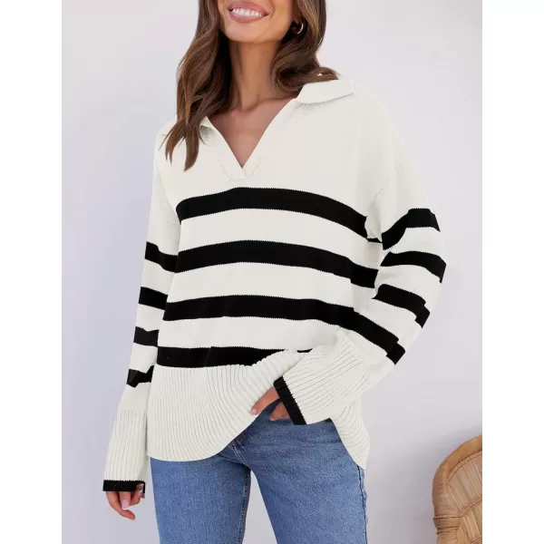 ZESICA Womens 2024 Winter Sweaters Lapel V Neck Long Sleeve Striped Chunky Knit Oversized Pullover Sweater Jumper TopsWhite