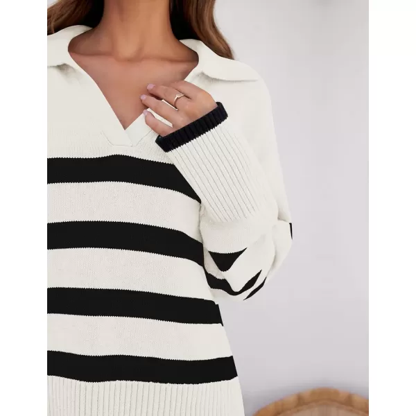 ZESICA Womens 2024 Winter Sweaters Lapel V Neck Long Sleeve Striped Chunky Knit Oversized Pullover Sweater Jumper TopsWhite