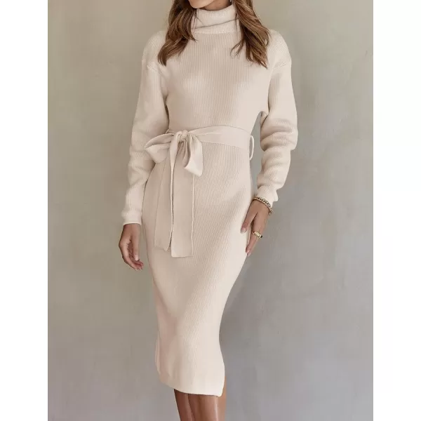 ZESICA Womens Turtleneck Sweater Midi Dress Long Sleeve Ribbed Knit Bodycon Slit Dress with BeltApricot