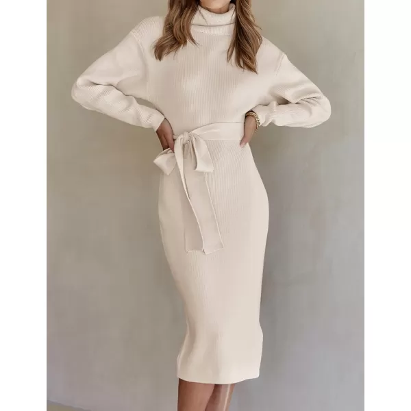 ZESICA Womens Turtleneck Sweater Midi Dress Long Sleeve Ribbed Knit Bodycon Slit Dress with BeltApricot
