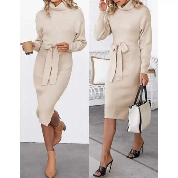 ZESICA Womens Turtleneck Sweater Midi Dress Long Sleeve Ribbed Knit Bodycon Slit Dress with BeltApricot