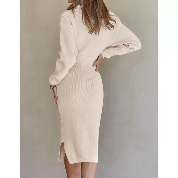 ZESICA Womens Turtleneck Sweater Midi Dress Long Sleeve Ribbed Knit Bodycon Slit Dress with BeltApricot