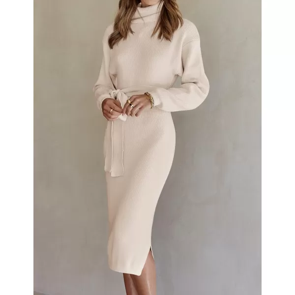 ZESICA Womens Turtleneck Sweater Midi Dress Long Sleeve Ribbed Knit Bodycon Slit Dress with BeltApricot