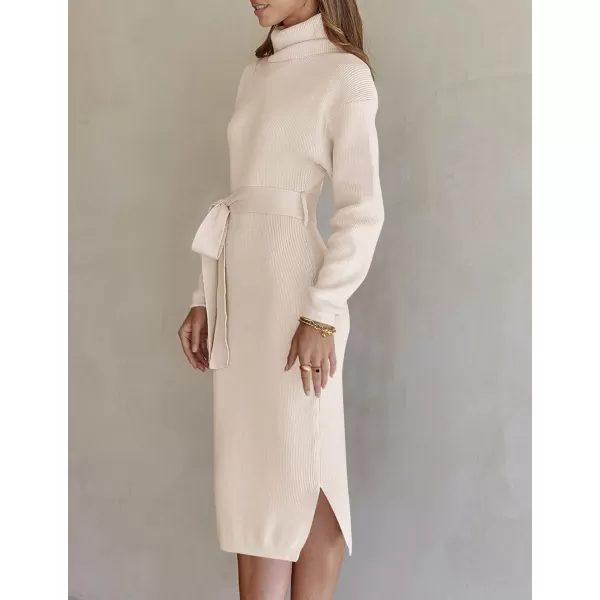 ZESICA Womens Turtleneck Sweater Midi Dress Long Sleeve Ribbed Knit Bodycon Slit Dress with BeltApricot