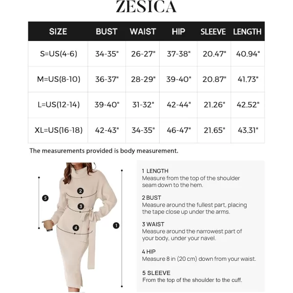 ZESICA Womens Turtleneck Sweater Midi Dress Long Sleeve Ribbed Knit Bodycon Slit Dress with BeltApricot