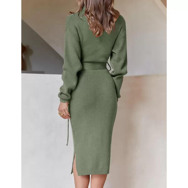 ZESICA Womens Turtleneck Sweater Midi Dress Long Sleeve Ribbed Knit Bodycon Slit Dress with BeltArmygreen