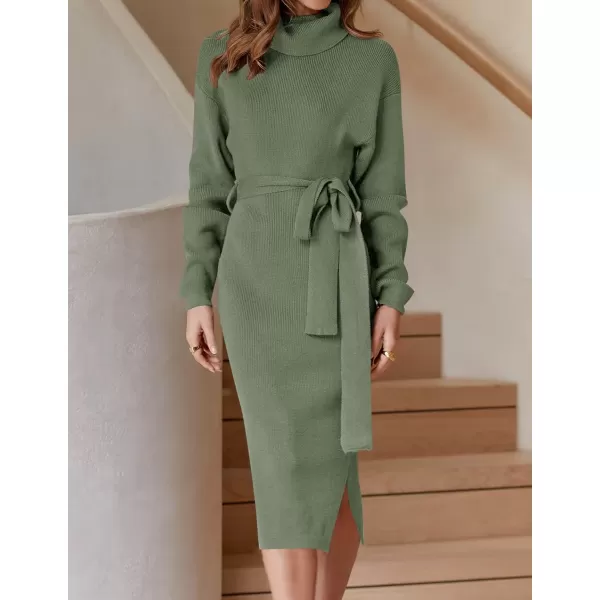 ZESICA Womens Turtleneck Sweater Midi Dress Long Sleeve Ribbed Knit Bodycon Slit Dress with BeltArmygreen