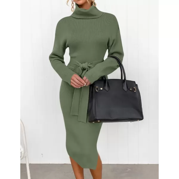 ZESICA Womens Turtleneck Sweater Midi Dress Long Sleeve Ribbed Knit Bodycon Slit Dress with BeltArmygreen