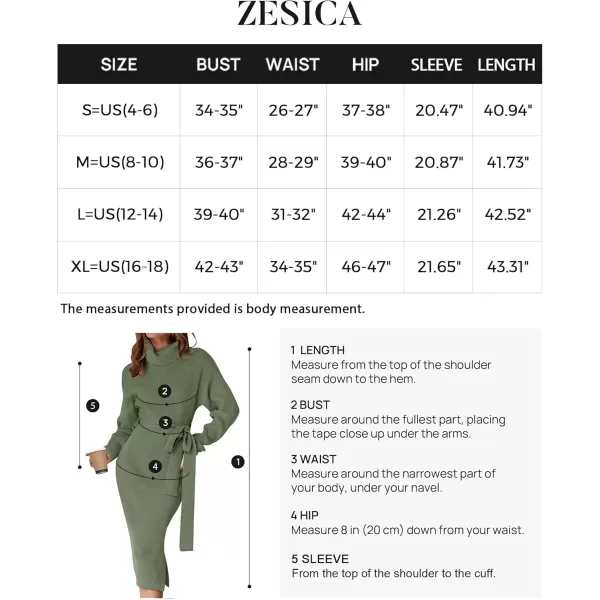 ZESICA Womens Turtleneck Sweater Midi Dress Long Sleeve Ribbed Knit Bodycon Slit Dress with BeltArmygreen