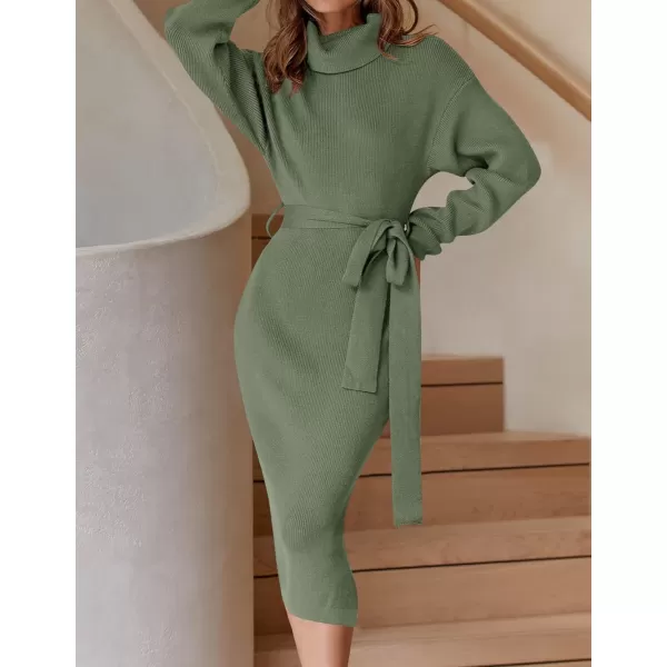 ZESICA Womens Turtleneck Sweater Midi Dress Long Sleeve Ribbed Knit Bodycon Slit Dress with BeltArmygreen