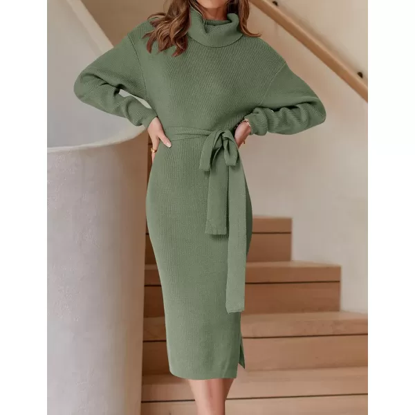 ZESICA Womens Turtleneck Sweater Midi Dress Long Sleeve Ribbed Knit Bodycon Slit Dress with BeltArmygreen