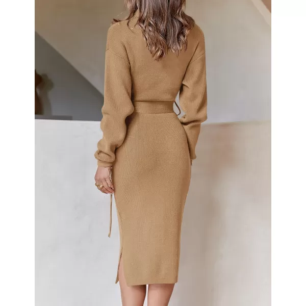 ZESICA Womens Turtleneck Sweater Midi Dress Long Sleeve Ribbed Knit Bodycon Slit Dress with BeltCamel