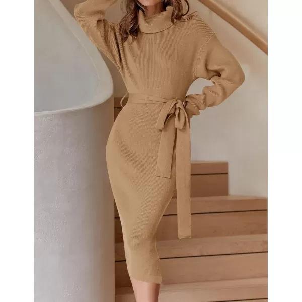 ZESICA Womens Turtleneck Sweater Midi Dress Long Sleeve Ribbed Knit Bodycon Slit Dress with BeltCamel