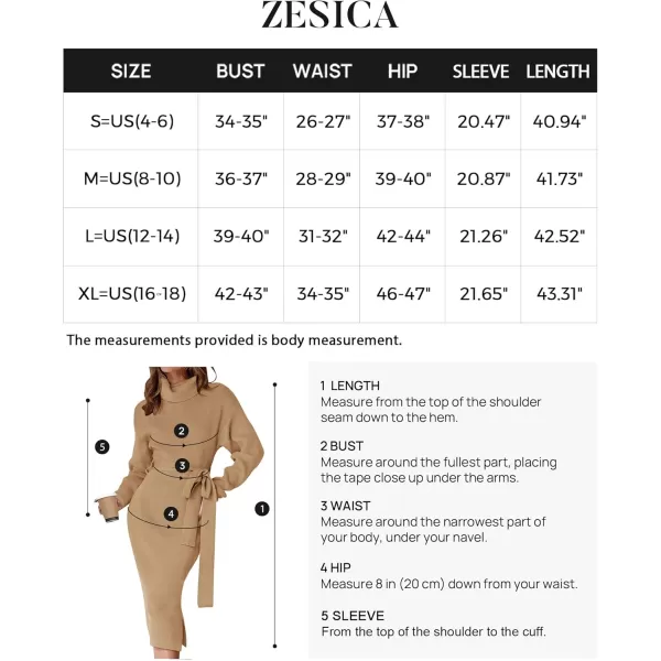 ZESICA Womens Turtleneck Sweater Midi Dress Long Sleeve Ribbed Knit Bodycon Slit Dress with BeltCamel