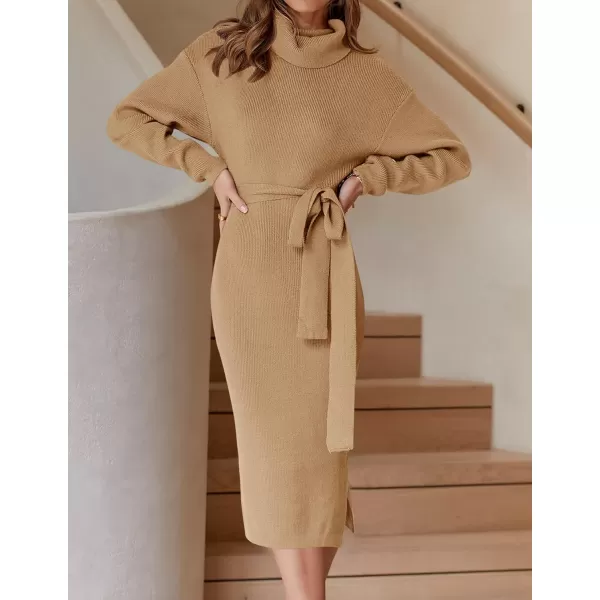 ZESICA Womens Turtleneck Sweater Midi Dress Long Sleeve Ribbed Knit Bodycon Slit Dress with BeltCamel