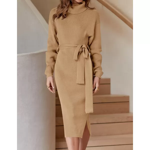 ZESICA Womens Turtleneck Sweater Midi Dress Long Sleeve Ribbed Knit Bodycon Slit Dress with BeltCamel