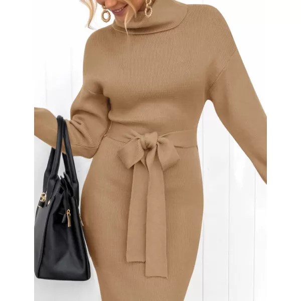 ZESICA Womens Turtleneck Sweater Midi Dress Long Sleeve Ribbed Knit Bodycon Slit Dress with BeltCamel