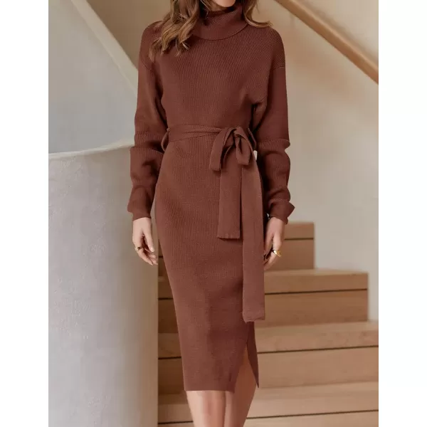 ZESICA Womens Turtleneck Sweater Midi Dress Long Sleeve Ribbed Knit Bodycon Slit Dress with BeltCoffee