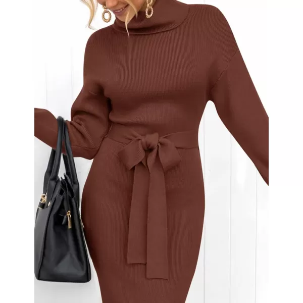 ZESICA Womens Turtleneck Sweater Midi Dress Long Sleeve Ribbed Knit Bodycon Slit Dress with BeltCoffee