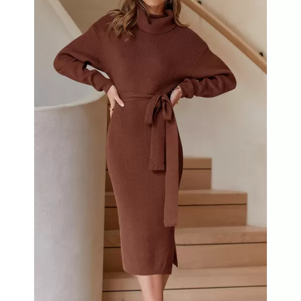 ZESICA Womens Turtleneck Sweater Midi Dress Long Sleeve Ribbed Knit Bodycon Slit Dress with BeltCoffee