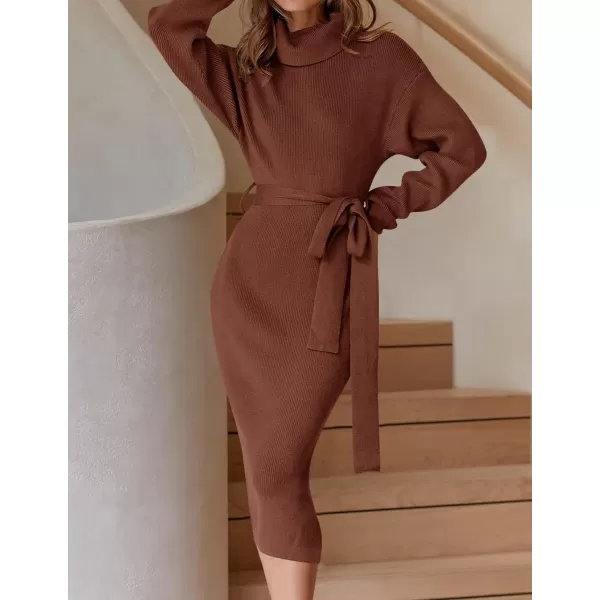 ZESICA Womens Turtleneck Sweater Midi Dress Long Sleeve Ribbed Knit Bodycon Slit Dress with BeltCoffee