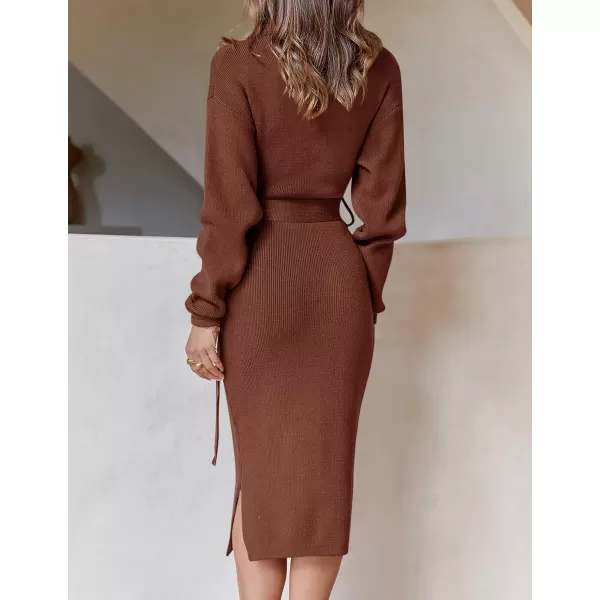 ZESICA Womens Turtleneck Sweater Midi Dress Long Sleeve Ribbed Knit Bodycon Slit Dress with BeltCoffee