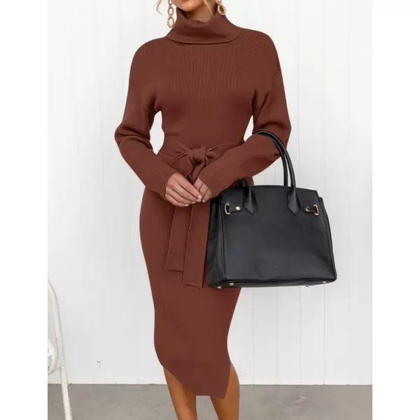 ZESICA Womens Turtleneck Sweater Midi Dress Long Sleeve Ribbed Knit Bodycon Slit Dress with BeltCoffee