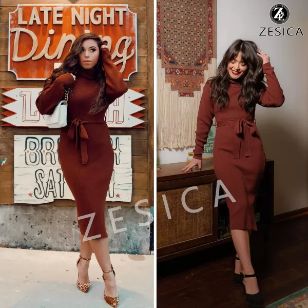 ZESICA Womens Turtleneck Sweater Midi Dress Long Sleeve Ribbed Knit Bodycon Slit Dress with BeltCoffee