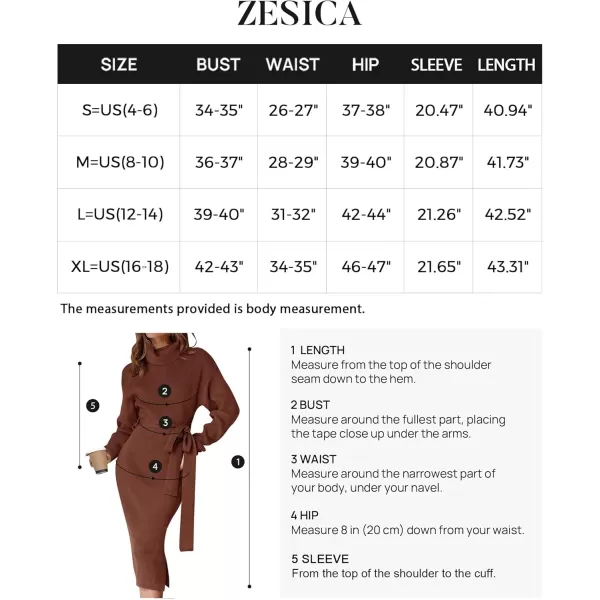 ZESICA Womens Turtleneck Sweater Midi Dress Long Sleeve Ribbed Knit Bodycon Slit Dress with BeltCoffee