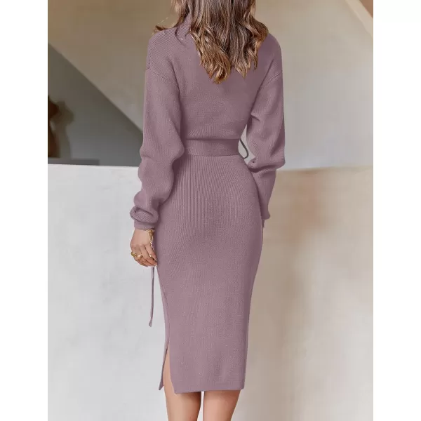 ZESICA Womens Turtleneck Sweater Midi Dress Long Sleeve Ribbed Knit Bodycon Slit Dress with BeltDarkviolet