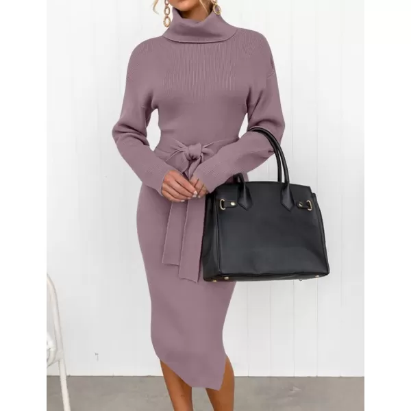 ZESICA Womens Turtleneck Sweater Midi Dress Long Sleeve Ribbed Knit Bodycon Slit Dress with BeltDarkviolet