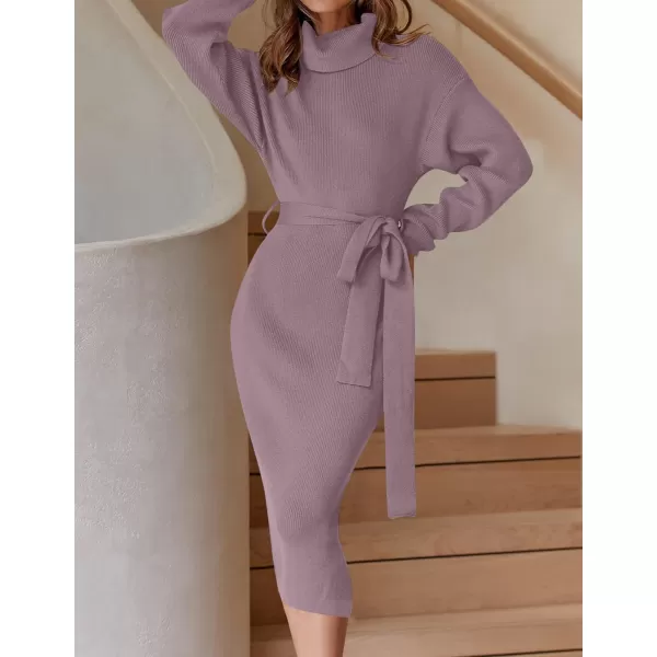 ZESICA Womens Turtleneck Sweater Midi Dress Long Sleeve Ribbed Knit Bodycon Slit Dress with BeltDarkviolet