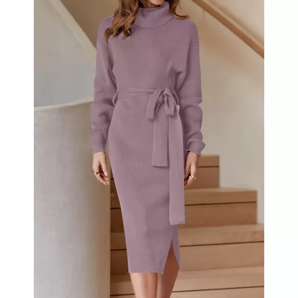 ZESICA Womens Turtleneck Sweater Midi Dress Long Sleeve Ribbed Knit Bodycon Slit Dress with BeltDarkviolet
